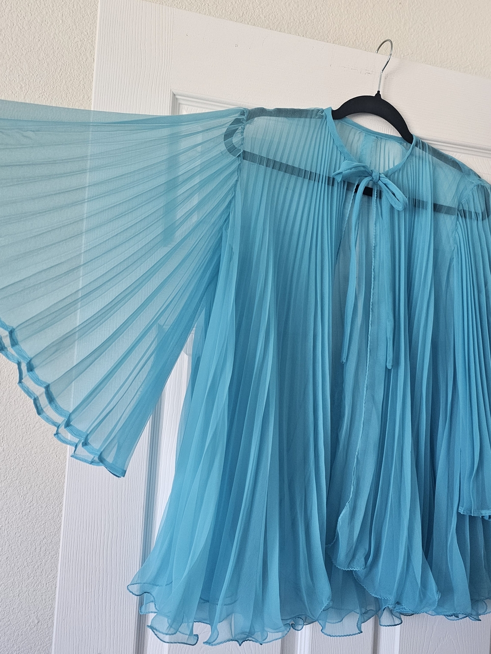 1960s Vintage Blue Night Jacket Accordion Sheer Necktie Over Blouse Duster #1 - Picture 5 of 11